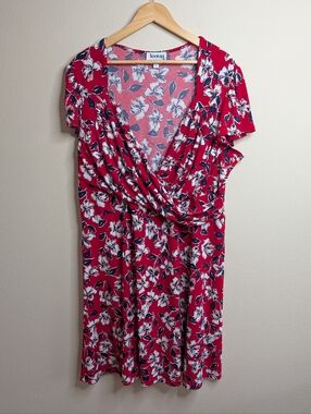 Leota x Dia & Co Floral Wrap Dress‎ 3L Red Navy Faux Wrap Plus Size USA